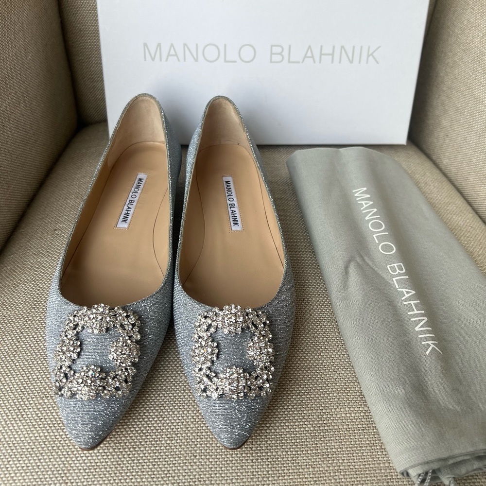 Authentic Brand New Manolo Blahnik Silver Glitter Fabric Jewel Buckle Flat Shoes